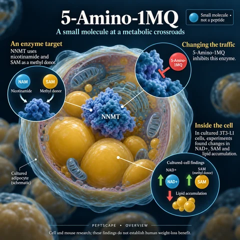 5-Amino-1MQ: Overview scientific diagram. Open full size to read labels; evidence and limitations appear in the profile.