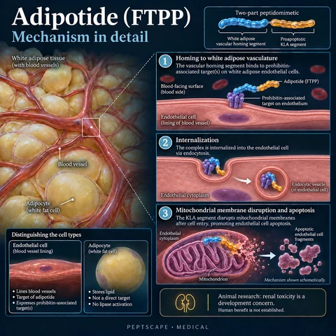 Adipotide (FTPP): Medical scientific diagram. Open full size to read labels; evidence and limitations appear in the profile.