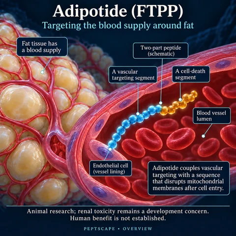 Adipotide (FTPP): Overview scientific diagram. Open full size to read labels; evidence and limitations appear in the profile.