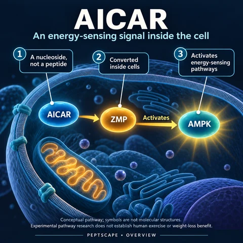 AICAR: Overview scientific diagram. Open full size to read labels; evidence and limitations appear in the profile.