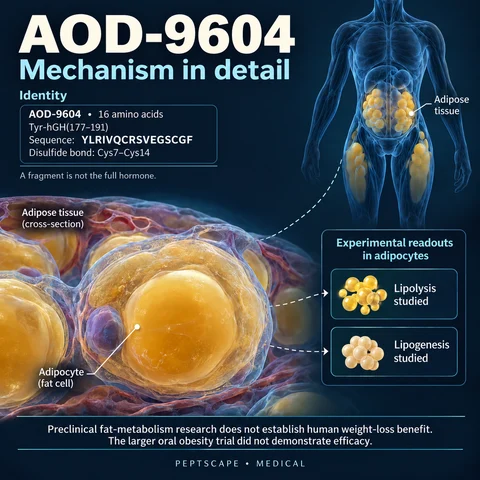 AOD-9604: Medical scientific diagram. Open full size to read labels; evidence and limitations appear in the profile.