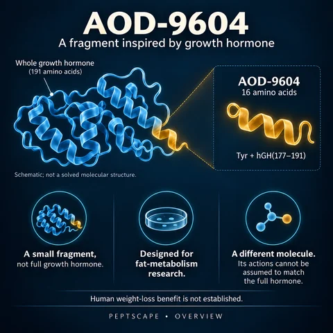 AOD-9604: Overview scientific diagram. Open full size to read labels; evidence and limitations appear in the profile.
