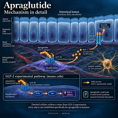 Apraglutide: Medical scientific diagram. Open full size to read labels; evidence and limitations appear in the profile.
