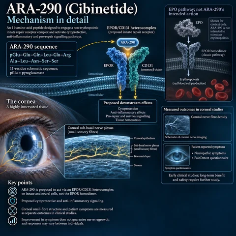 ARA-290 (Cibinetide): Medical scientific diagram. Open full size to read labels; evidence and limitations appear in the profile.