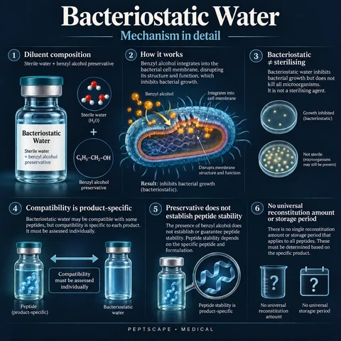Bacteriostatic Water: Medical scientific diagram. Open full size to read labels; evidence and limitations appear in the profile.