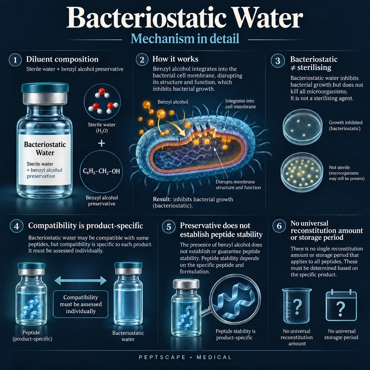 Bacteriostatic Water: Medical scientific diagram. Open full size to read labels; evidence and limitations appear in the profile.