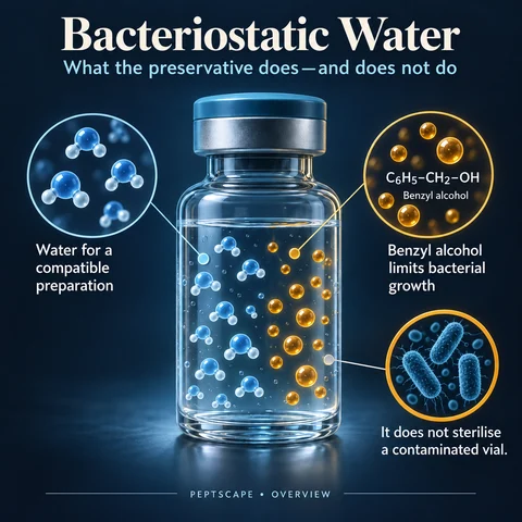 Bacteriostatic Water: Overview scientific diagram. Open full size to read labels; evidence and limitations appear in the profile.