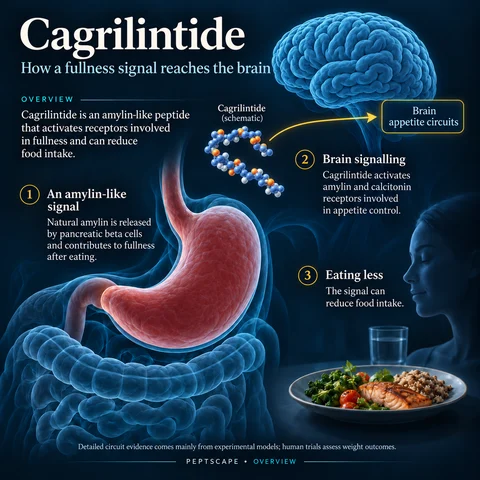 Cagrilintide: Overview scientific diagram. Open full size to read labels; evidence and limitations appear in the profile.