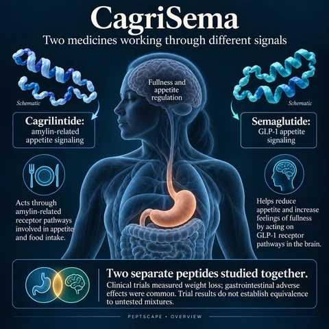 CagriSema: Overview scientific diagram. Open full size to read labels; evidence and limitations appear in the profile.
