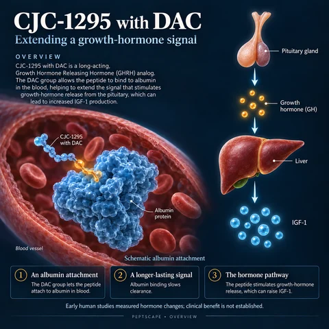 CJC-1295 with DAC: Overview scientific diagram. Open full size to read labels; evidence and limitations appear in the profile.