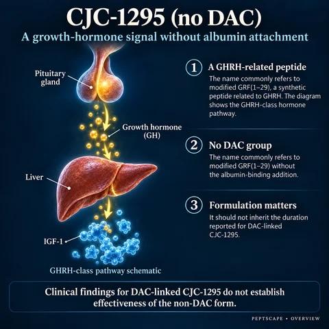 CJC-1295 (no DAC): Overview scientific diagram. Open full size to read labels; evidence and limitations appear in the profile.
