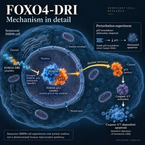 FOXO4-DRI: Medical scientific diagram. Open full size to read labels; evidence and limitations appear in the profile.