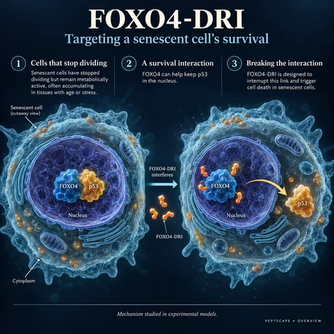 FOXO4-DRI: Overview scientific diagram. Open full size to read labels; evidence and limitations appear in the profile.