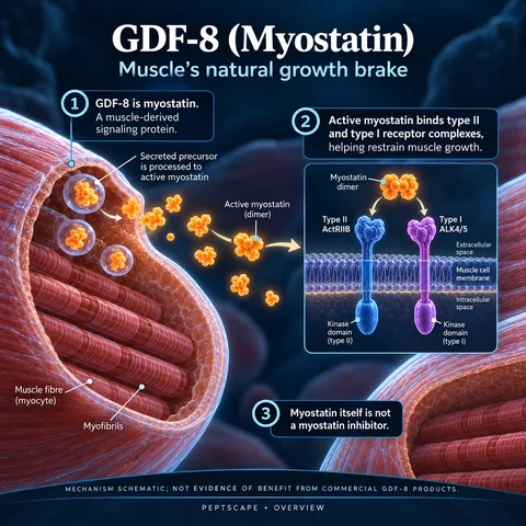 GDF-8 (Myostatin): Overview scientific diagram. Open full size to read labels; evidence and limitations appear in the profile.