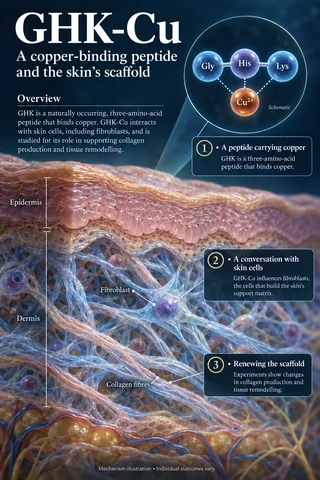 GHK-Cu: Overview scientific diagram. Open full size to read labels; evidence and limitations appear in the profile.