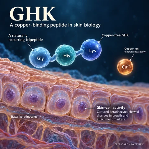 GHK: Overview scientific diagram. Open full size to read labels; evidence and limitations appear in the profile.