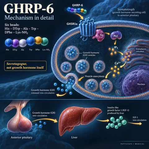 GHRP-6: Medical scientific diagram. Open full size to read labels; evidence and limitations appear in the profile.
