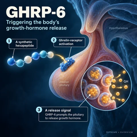 GHRP-6: Overview scientific diagram. Open full size to read labels; evidence and limitations appear in the profile.