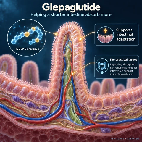 Glepaglutide: Overview scientific diagram. Open full size to read labels; evidence and limitations appear in the profile.