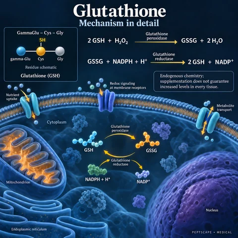 Glutathione: Medical scientific diagram. Open full size to read labels; evidence and limitations appear in the profile.