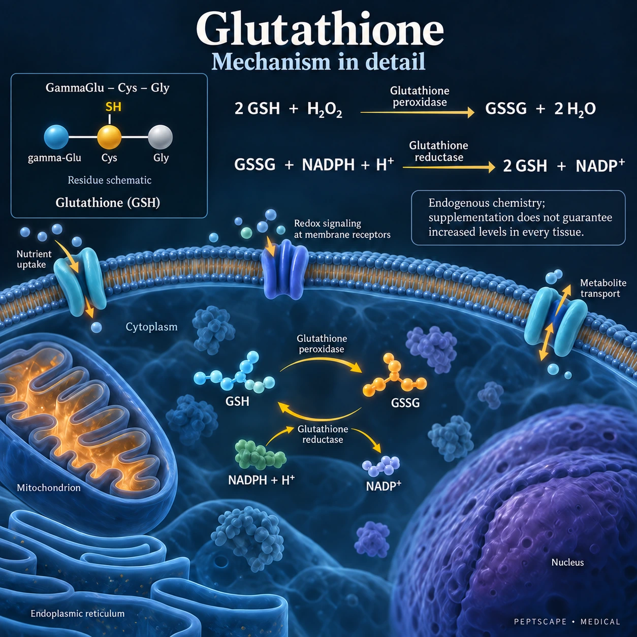 Glutathione: Medical scientific diagram. Open full size to read labels; evidence and limitations appear in the profile.