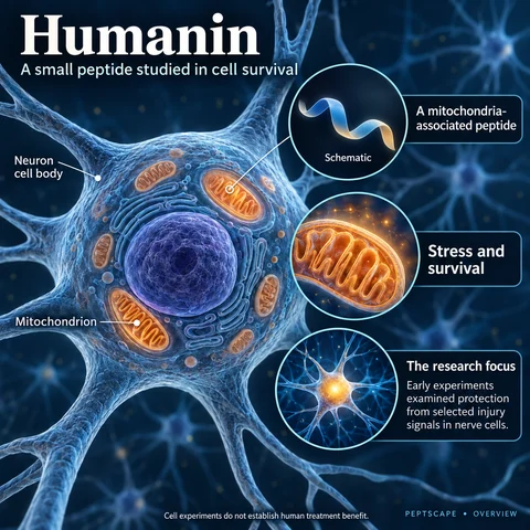 Humanin: Overview scientific diagram. Open full size to read labels; evidence and limitations appear in the profile.