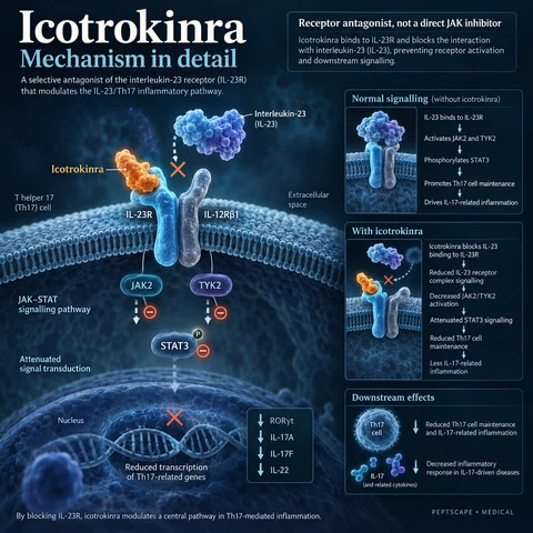 Icotrokinra: Medical scientific diagram. Open full size to read labels; evidence and limitations appear in the profile.