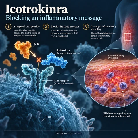 Icotrokinra: Overview scientific diagram. Open full size to read labels; evidence and limitations appear in the profile.