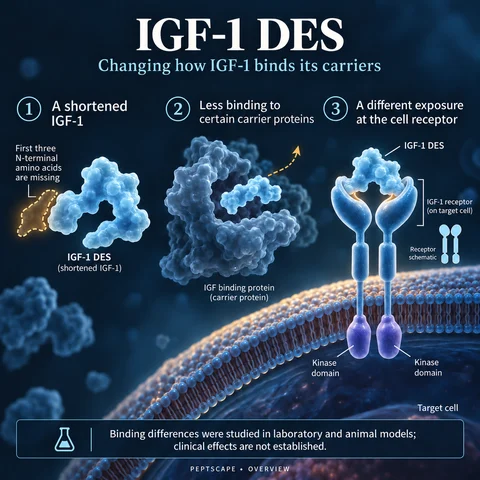 IGF-1 DES: Overview scientific diagram. Open full size to read labels; evidence and limitations appear in the profile.