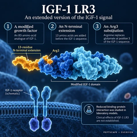 IGF-1 LR3: Overview scientific diagram. Open full size to read labels; evidence and limitations appear in the profile.