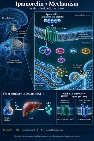 Ipamorelin: Medical scientific diagram. Open full size to read labels; evidence and limitations appear in the profile.