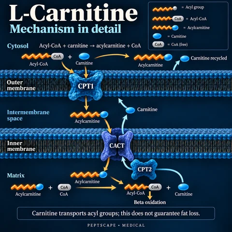 L-Carnitine: Medical scientific diagram. Open full size to read labels; evidence and limitations appear in the profile.