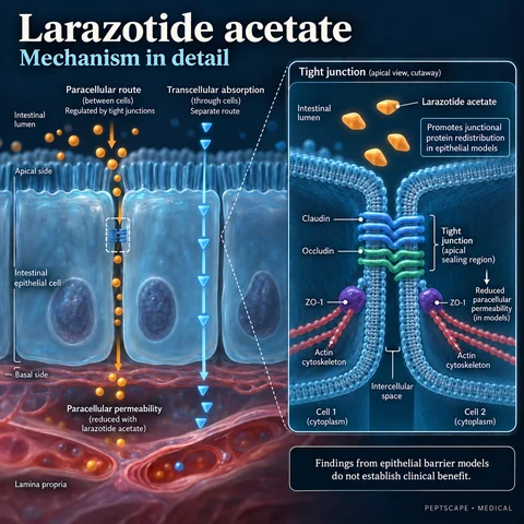 Larazotide acetate: Medical scientific diagram. Open full size to read labels; evidence and limitations appear in the profile.