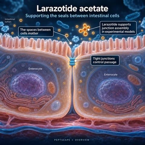 Larazotide acetate: Overview scientific diagram. Open full size to read labels; evidence and limitations appear in the profile.
