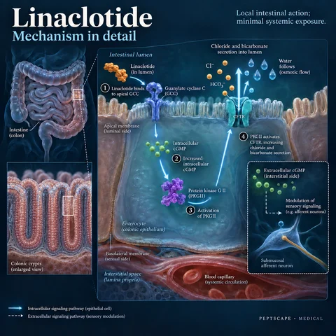 Linaclotide: Medical scientific diagram. Open full size to read labels; evidence and limitations appear in the profile.