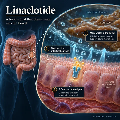 Linaclotide: Overview scientific diagram. Open full size to read labels; evidence and limitations appear in the profile.