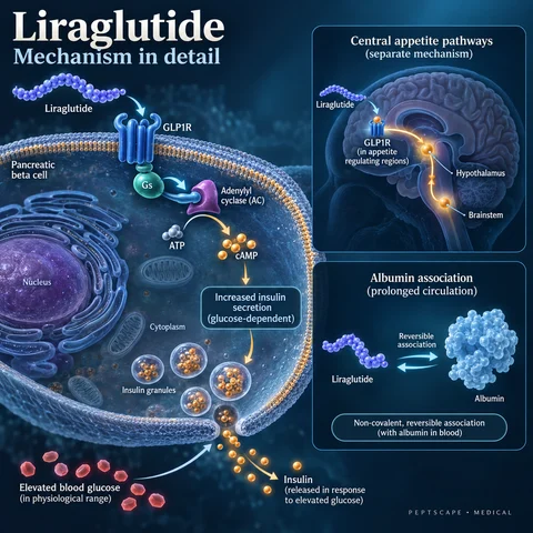 Liraglutide: Medical scientific diagram. Open full size to read labels; evidence and limitations appear in the profile.