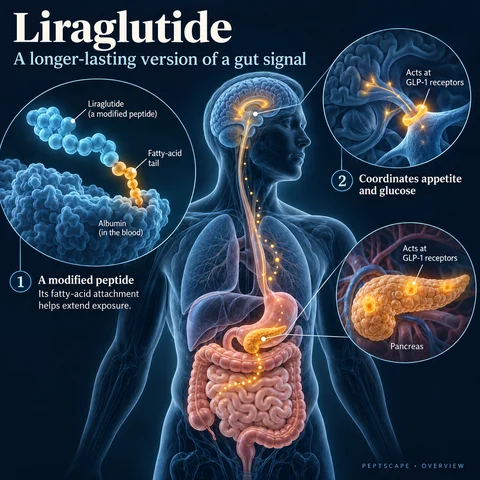 Liraglutide: Overview scientific diagram. Open full size to read labels; evidence and limitations appear in the profile.