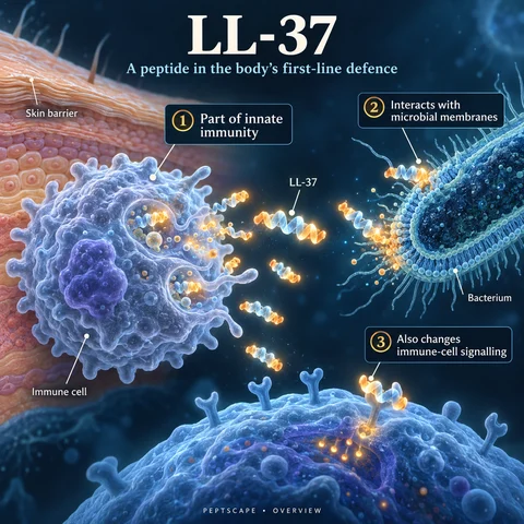 LL-37: Overview scientific diagram. Open full size to read labels; evidence and limitations appear in the profile.