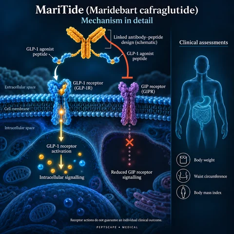 MariTide (Maridebart cafraglutide): Medical scientific diagram. Open full size to read labels; evidence and limitations appear in the profile.