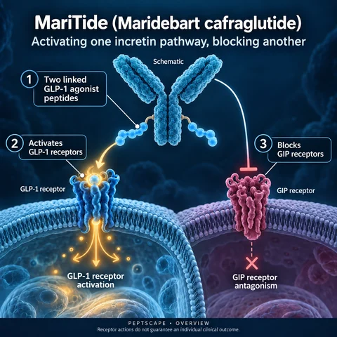 MariTide (Maridebart cafraglutide): Overview scientific diagram. Open full size to read labels; evidence and limitations appear in the profile.