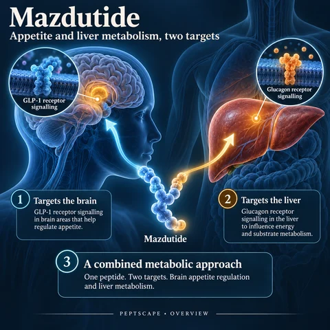 Mazdutide: Overview scientific diagram. Open full size to read labels; evidence and limitations appear in the profile.