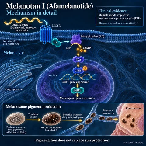 Melanotan I (Afamelanotide): Medical scientific diagram. Open full size to read labels; evidence and limitations appear in the profile.