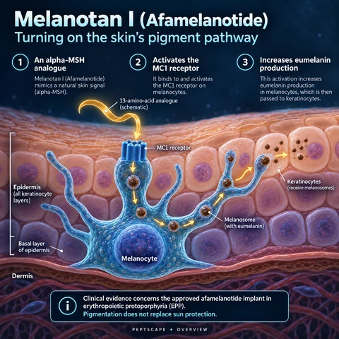 Melanotan I (Afamelanotide): Overview scientific diagram. Open full size to read labels; evidence and limitations appear in the profile.
