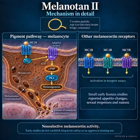 Melanotan II: Medical scientific diagram. Open full size to read labels; evidence and limitations appear in the profile.