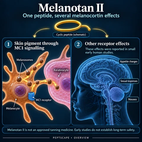 Melanotan II: Overview scientific diagram. Open full size to read labels; evidence and limitations appear in the profile.