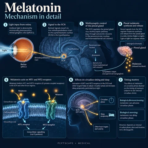 Melatonin: Medical scientific diagram. Open full size to read labels; evidence and limitations appear in the profile.