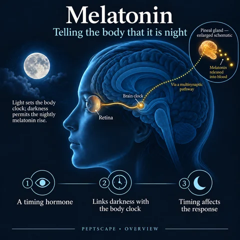 Melatonin: Overview scientific diagram. Open full size to read labels; evidence and limitations appear in the profile.