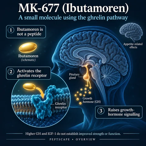 MK-677 (Ibutamoren): Overview scientific diagram. Open full size to read labels; evidence and limitations appear in the profile.
