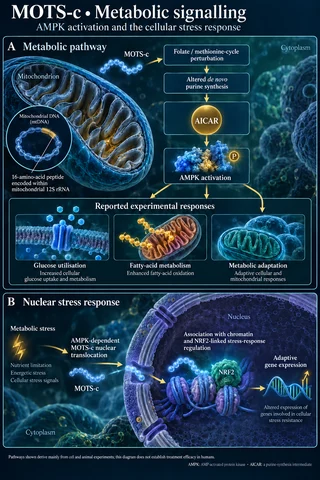 MOTS-c: Medical scientific diagram. Open full size to read labels; evidence and limitations appear in the profile.